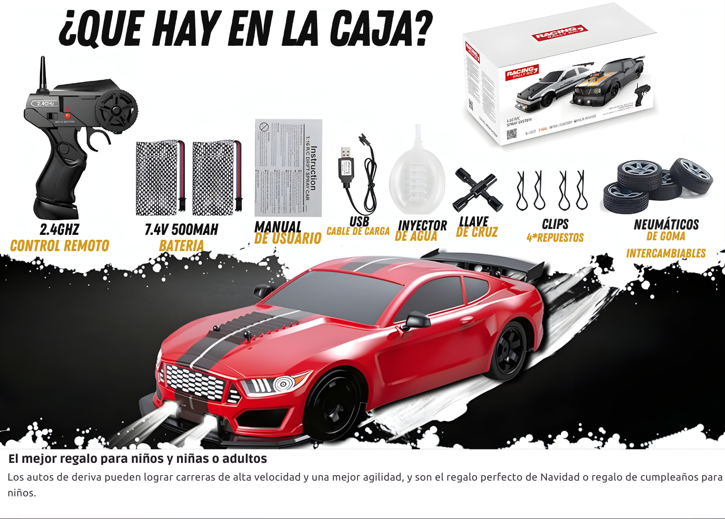 Carro De Drift 4x4 A Control Remoto Mustang Moderno Color Rojo